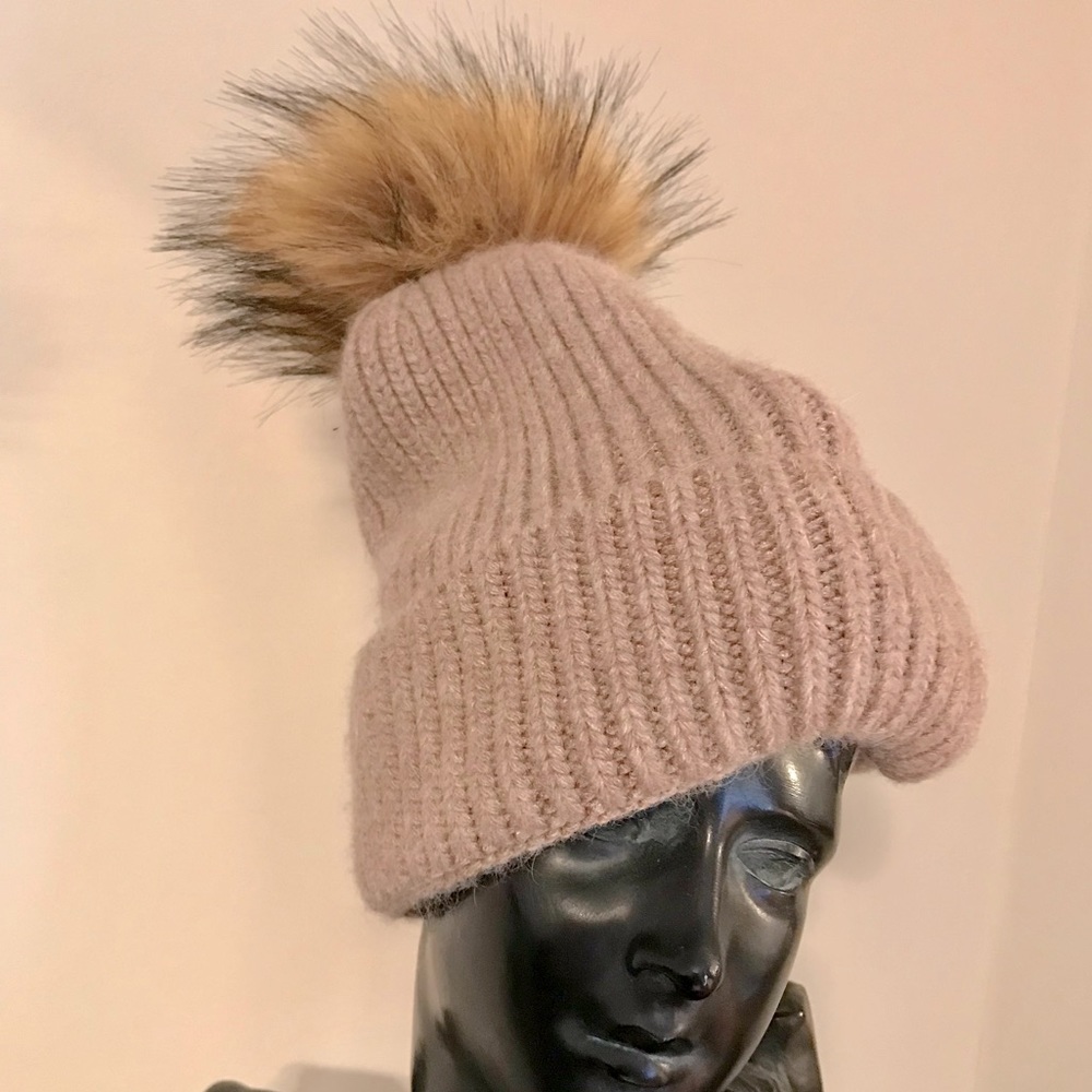 NORLA CANADA Fun Ribbed Knit Beanie Cap Faux Fur Pompom - Picture 1 of 6